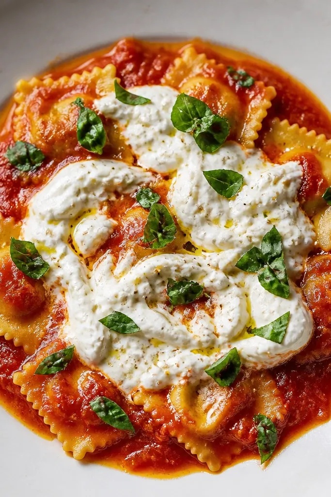 A plate with red pepper tomato sauce pooling slightly at the edges, ravioli on top, and a torn burrata mound swirled across the center with glossy white cream. Basil leaves are scattered like confetti.
