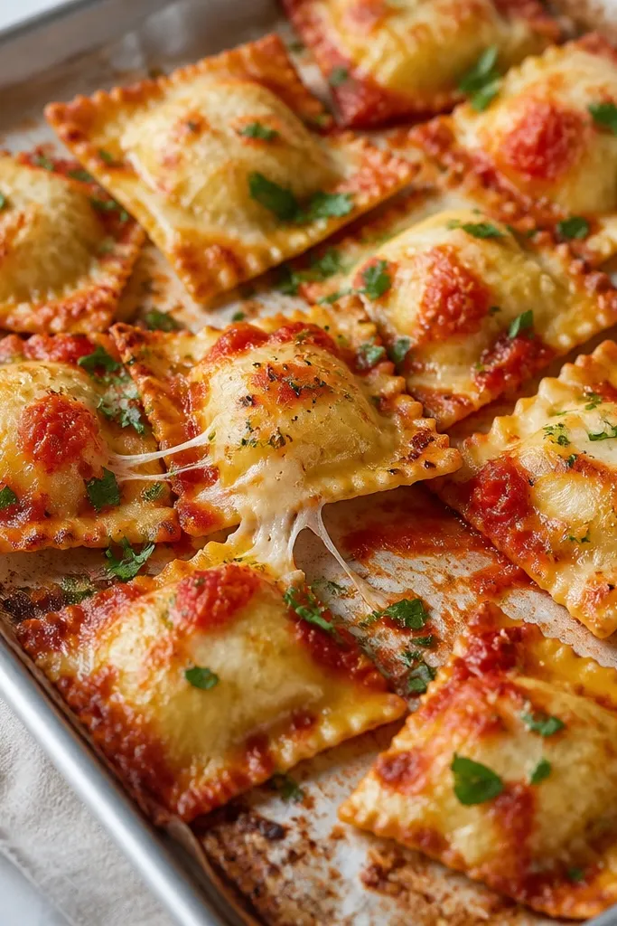 A sheet pan lined with parchment covered in browned ravioli with crisp edges, melted cheese strings, and a light layer of red sauce. Fresh parsley sits on top in tiny green flecks.
