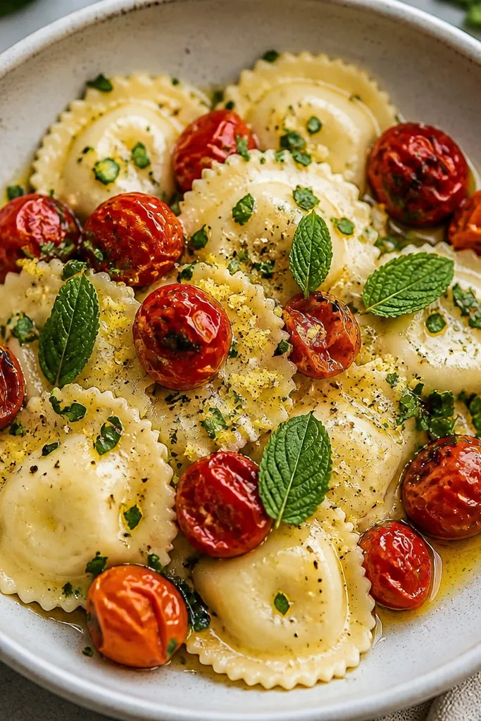 A bowl of ravioli tossed with glossy olive oil and bright lemon, surrounded by blistered cherry tomatoes with charred spots. Chopped parsley and a few torn mint leaves sit on top.