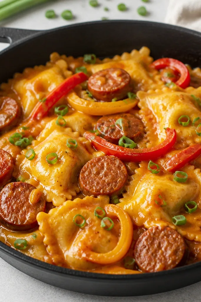 A cast-iron skillet filled with saucy ravioli, slices of browned sausage, red and yellow bell pepper strips, and orange-red sauce clinging to the pasta. Garnish is chopped green onion.