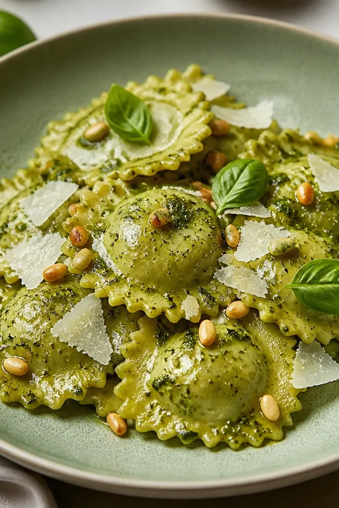 A green-tinted plate of pesto-coated ravioli with scattered toasted pine nuts and small curls of parmesan. The ravioli look glossy, not wet, with a few basil leaves on top.