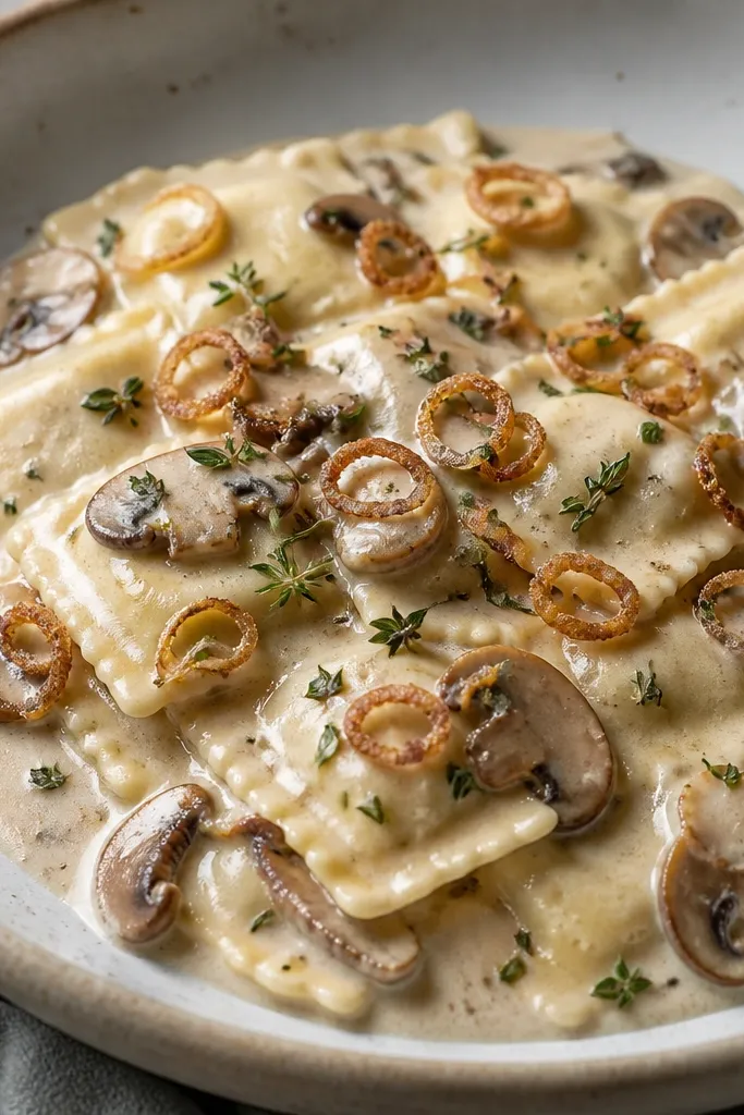 A creamy mushroom sauce coating ravioli, with visible mushroom slices. Thin crispy shallot rings sit on top, and thyme leaves are sprinkled across the surface.