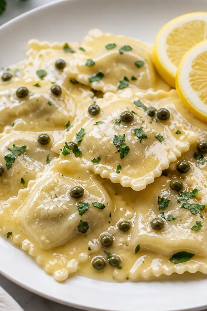 A pale, glossy sauce over ravioli with tiny capers speckled throughout, lemon slices on the side, and chopped parsley scattered across the top.