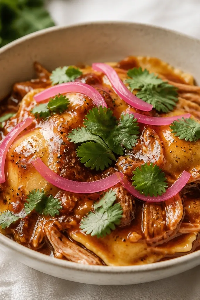 A bowl of saucy BBQ-glazed ravioli with shredded chicken pieces, topped with bright pink pickled red onion strips. Cilantro leaves and a light dusting of black pepper sit on top.