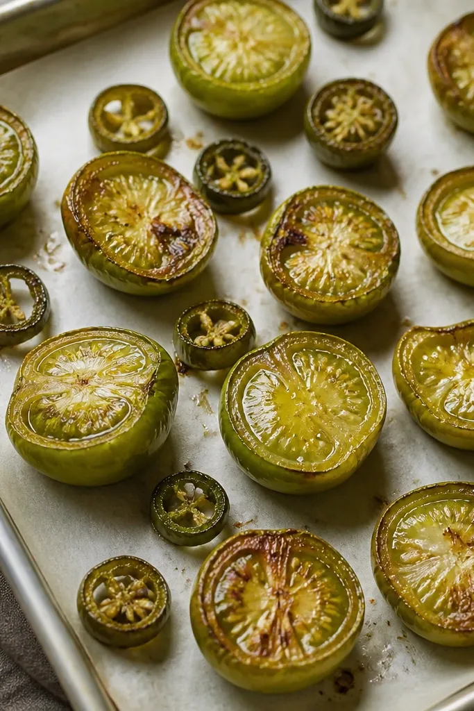 A metal sheet pan lined with parchment holds halved green tomatillos with browned edges and a few roasted jalapeño slices, all glossy from heat.