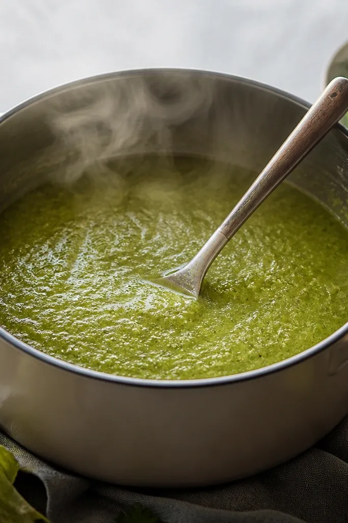 A thick, bright-green blended salsa sits in a wide stockpot with a spoon resting in the center, and steam curls up around the rim.