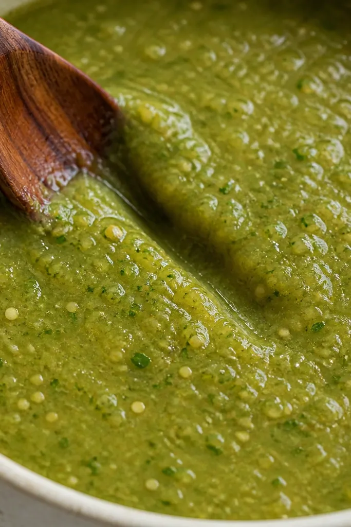 A wooden spoon drags a line through green salsa; the gap stays visible for a moment before the liquid slowly closes.