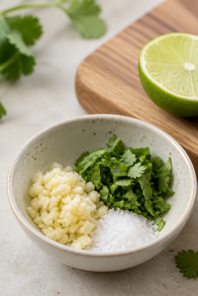 A small bowl contains minced garlic, chopped cilantro, and salt beside a cutting board with a halved lime.