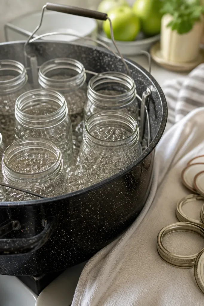Canning jars stand in a rack in hot water with bubbles visible, lids and bands laid out on a towel nearby.