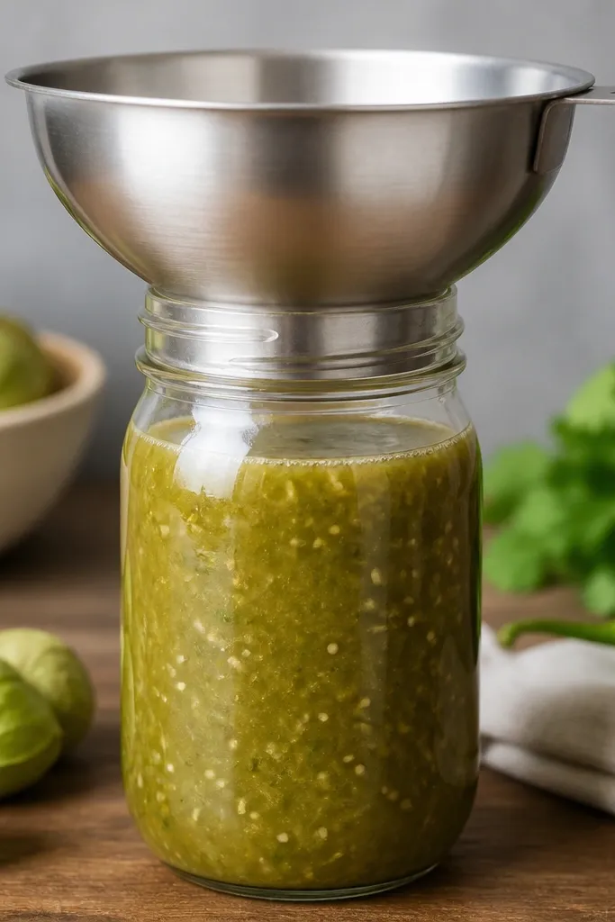 A canning funnel sits in the mouth of a jar; green salsa fills below the top line with a small gap showing.