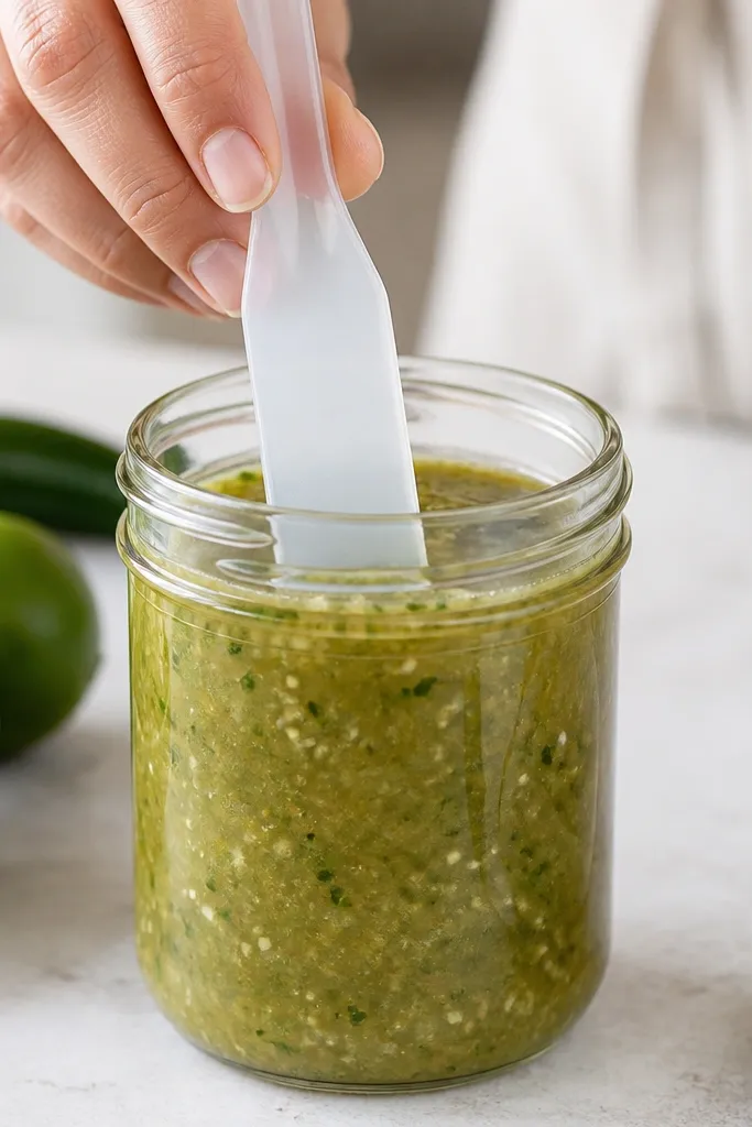 A thin plastic spatula presses down gently around the inside of a filled jar, with green salsa visible near the tool tip.