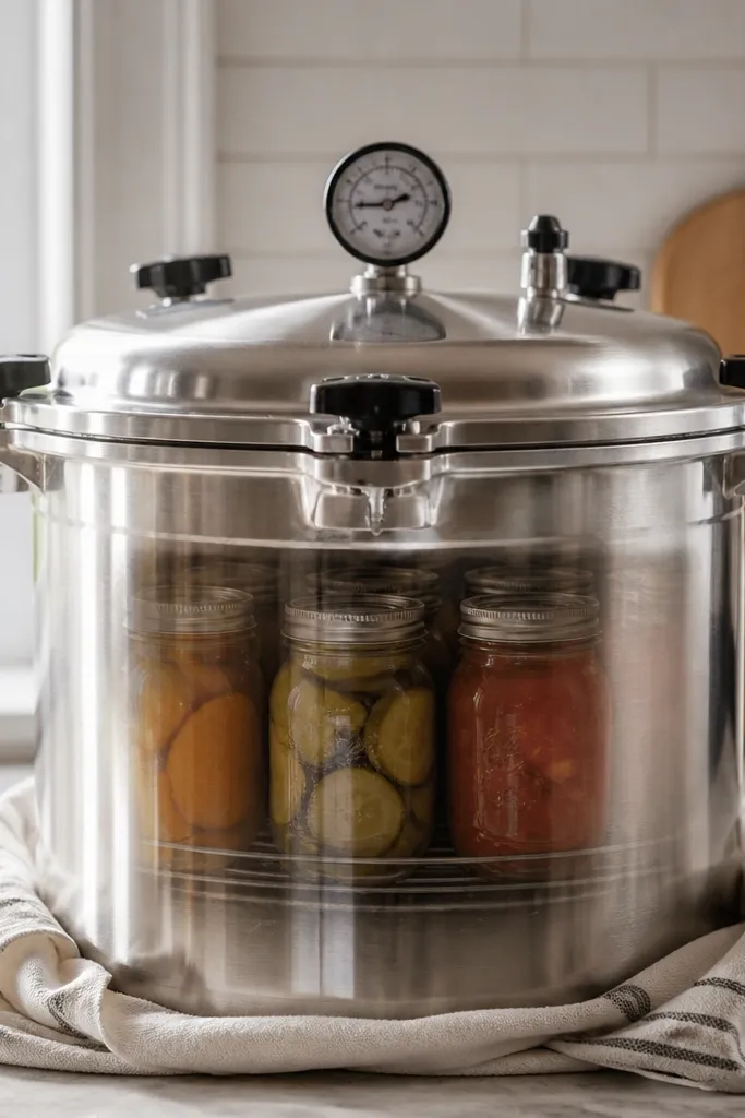 A pressure canner with jars on the rack shows the lid in place and a dial gauge visible, with a towel around the base.