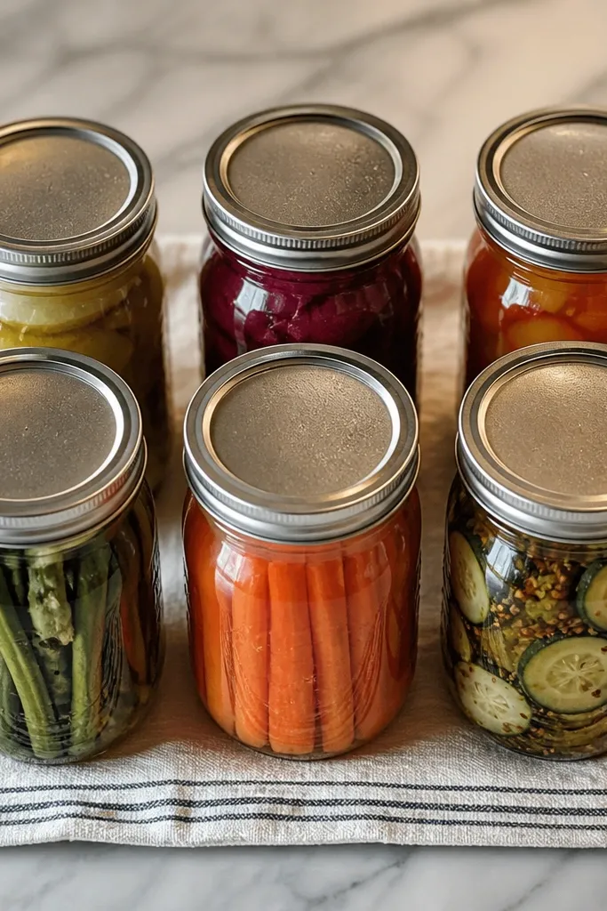 Canned jars sit on a folded towel on a countertop, labels facing up, with condensation faintly visible on the glass.