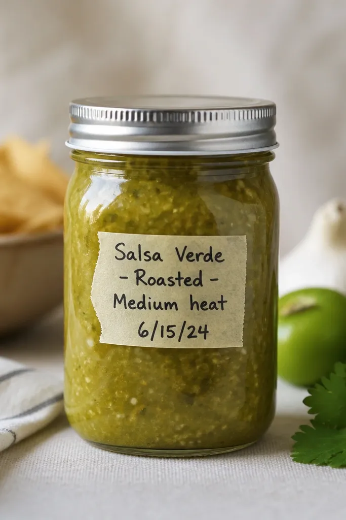 A jar label reads 'Salsa Verde - Roasted - Medium heat' and includes a date, with a hand-written style on painter's tape.