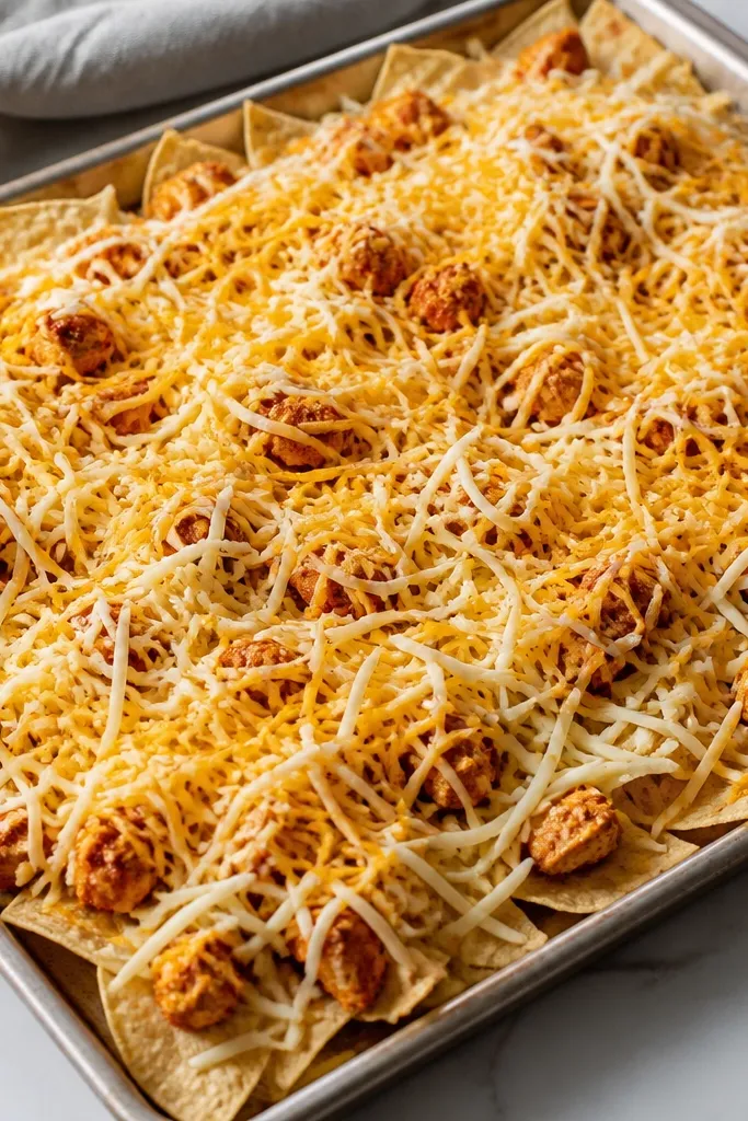 A wide sheet pan covered with tortilla chips in a single layer, a thin scatter of shredded cheddar and Monterey Jack across the chips, then a second heavier blanket of cheese before baking. Visible red taco-seasoned chicken sits in small clusters between chip ridges.