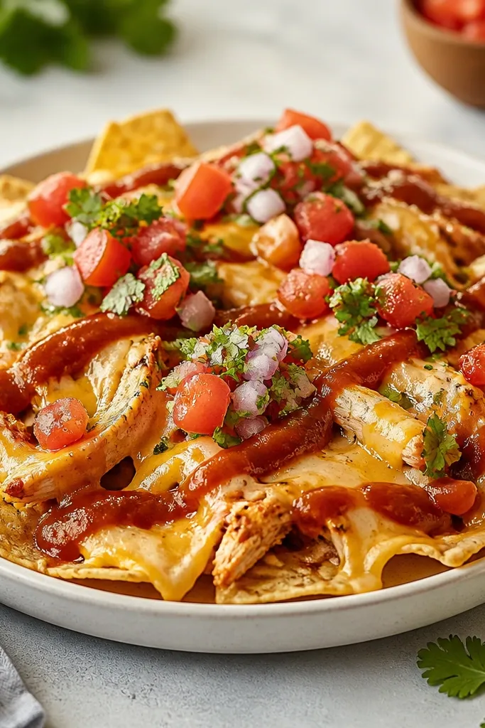 Nachos with melted cheese and chicken, then a glossy zigzag of red salsa over the top. Bright diced tomatoes and onions with chopped cilantro sit in small mounds on top of the cheese.