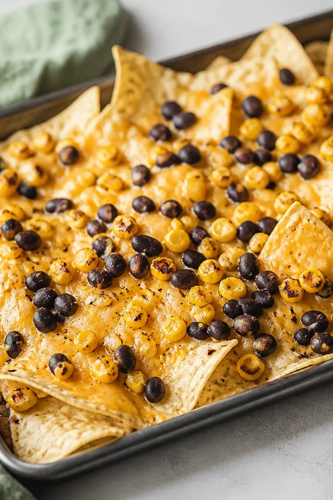 A tray of nachos where corn kernels and black beans are sprinkled across the cheese. Some corn has dark browned spots, and the beans look matte and peppery against the melted cheddar surface.
