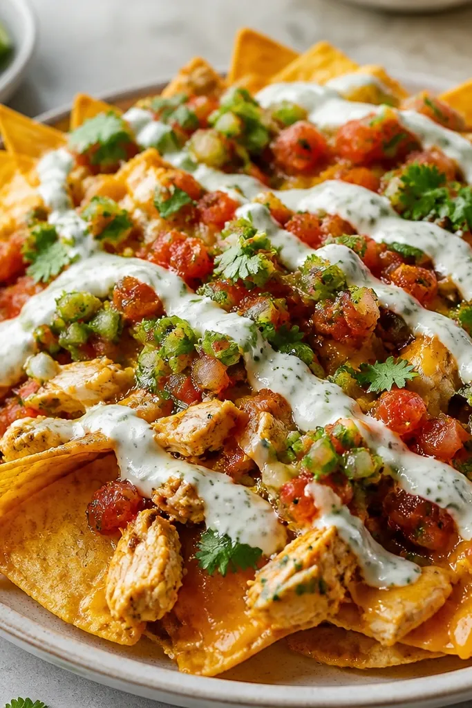 Nachos with melted cheese and chicken, finished with a pale white lime crema in a loose swirl pattern. The crema sits in thin ribbons over red salsa and green pico, with a few cilantro leaves visible.