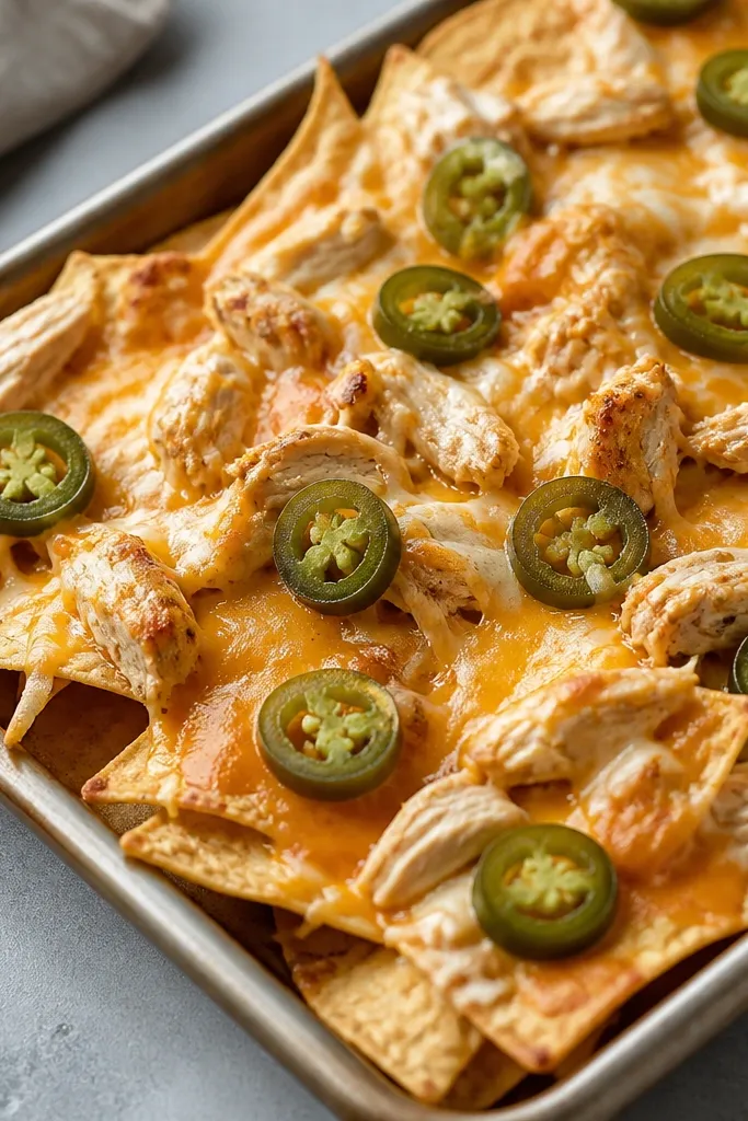 A tray of nachos with melted cheese and chicken, topped with small slices of pickled jalapeno scattered like dots. The jalapenos look glossy and green, and a few seeds are visible.