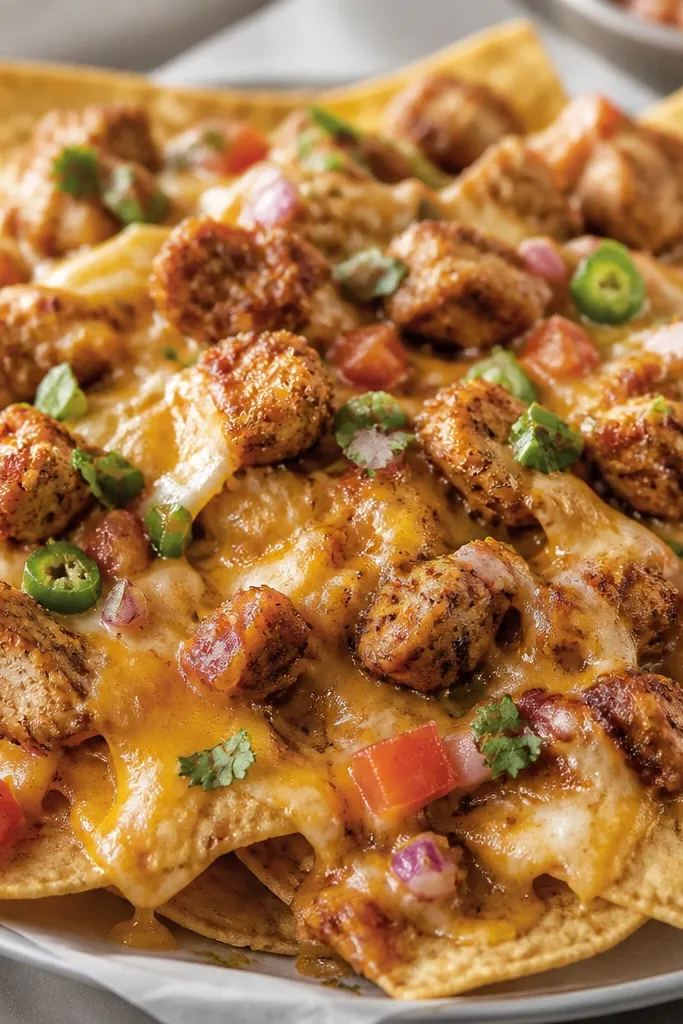 Nachos where the chicken looks pepper-speckled and lightly browned in small clusters. The cheese is melted and bubbly, and you can see the chicken seasoning sticking to the edges.