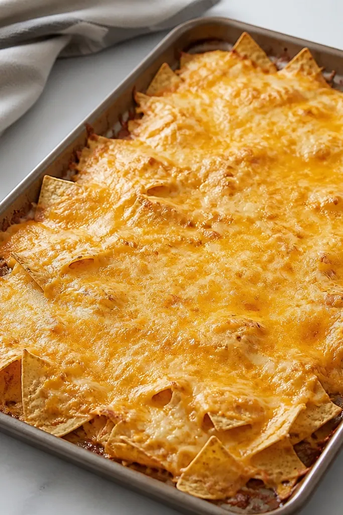 A nacho tray where the cheese forms a thin, even net that covers most chips but still lets chip edges show through. The top has small bubbles and slight browning around the corners of the tray.