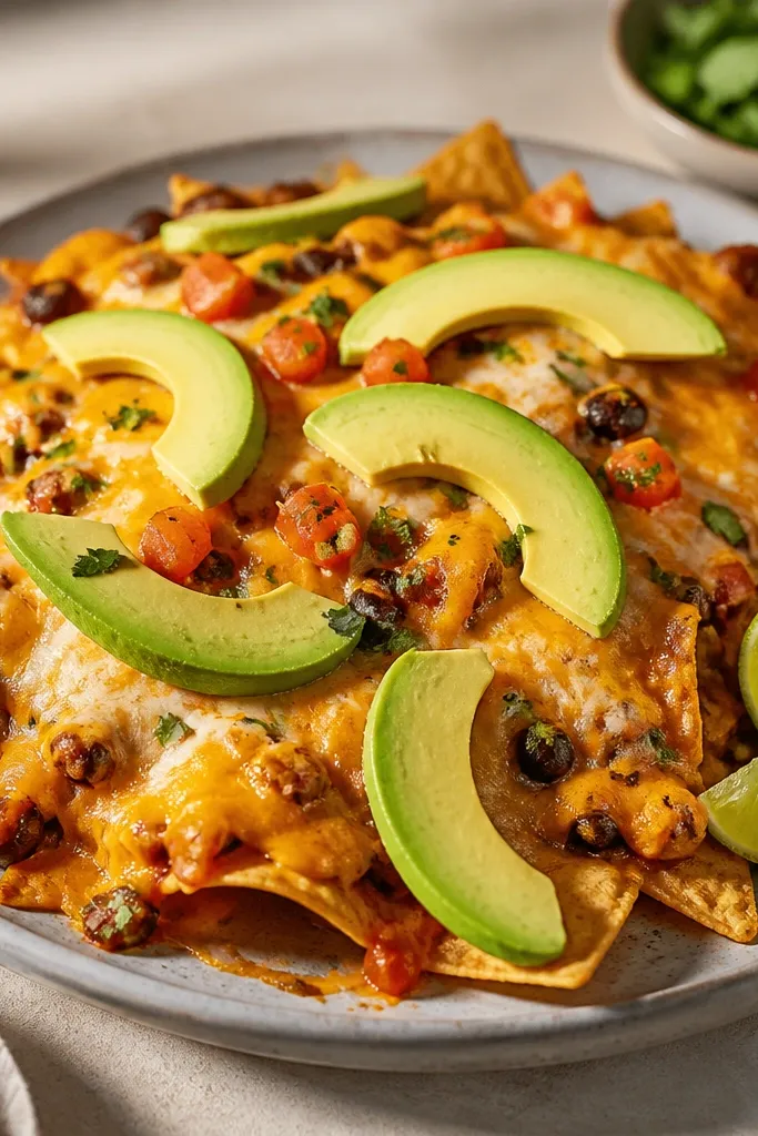 Nachos topped with creamy avocado slices and a few lime wedges on the side. The cheese is melted and golden, and the avocado sits on top without looking watery.