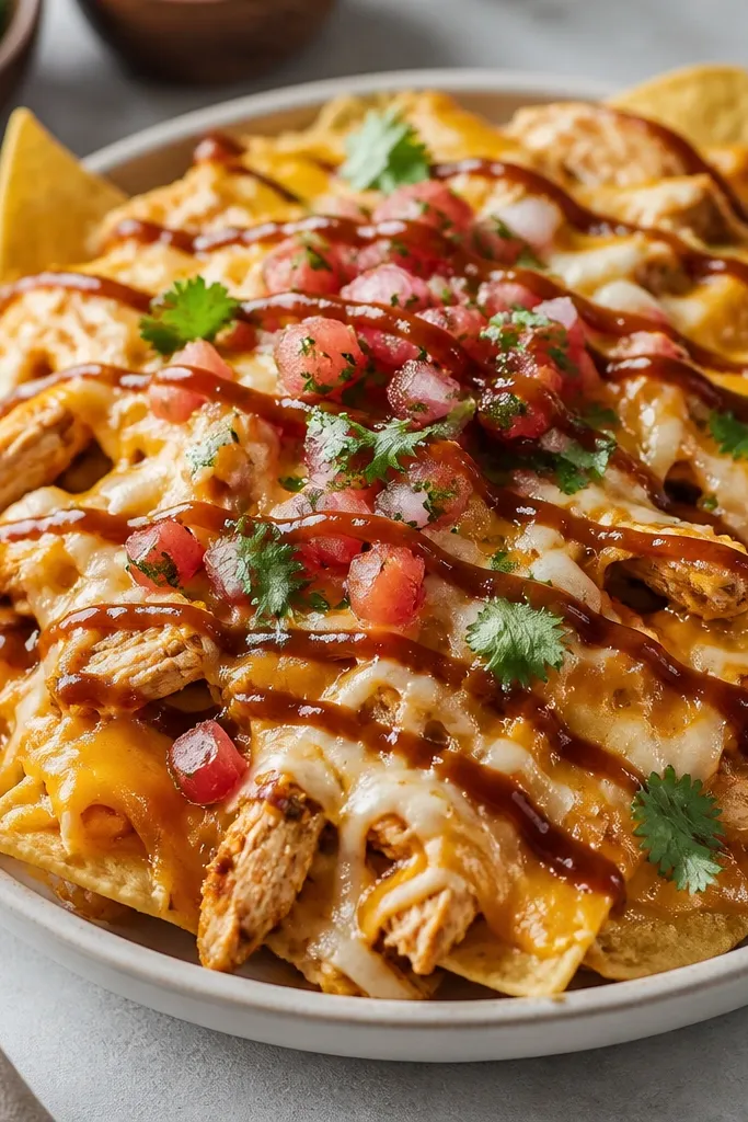 Nachos with melted cheese and chicken, finished with a thin, smoky brown chipotle drizzle drawn in lines. The drizzle sits on top of cheese and pico, and a few cilantro leaves are visible.