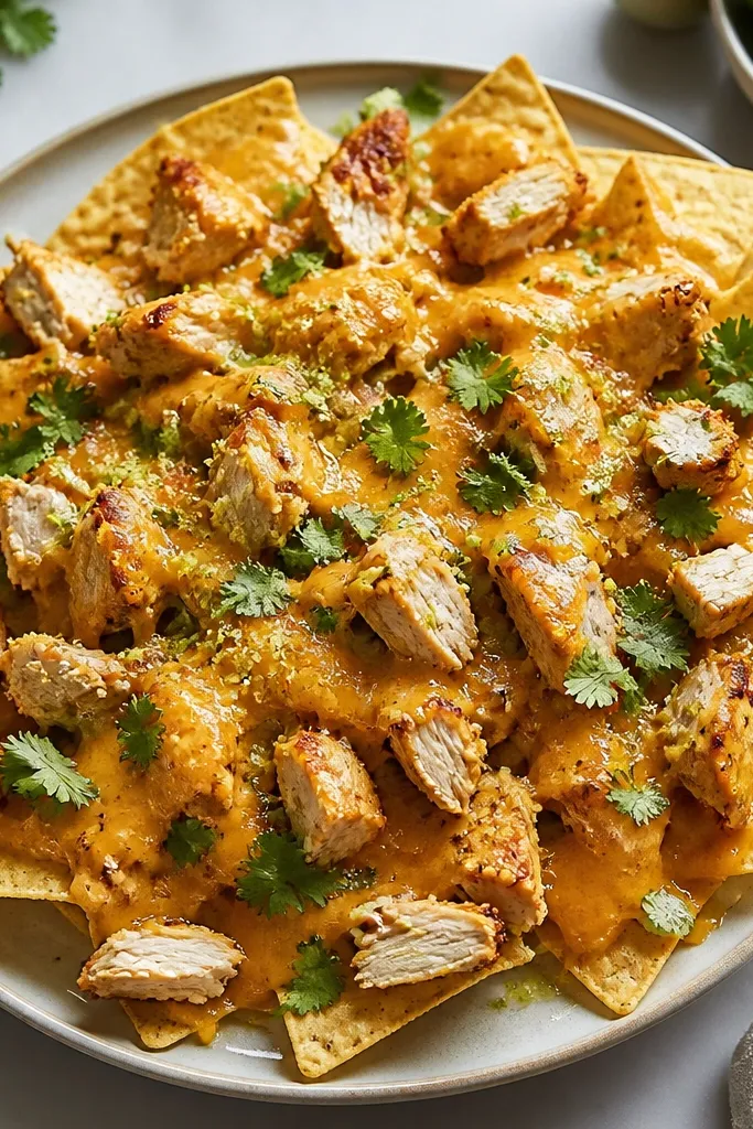 Nachos with melted cheese and chicken, finished with chopped cilantro scattered like confetti and a light lime zest dusting. Small lime juice drops glisten near the center.