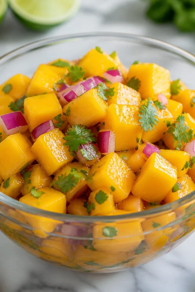 A clear glass bowl filled with orange mango cubes, flecks of red onion, and green cilantro leaves, with a glossy lime sheen catching light.