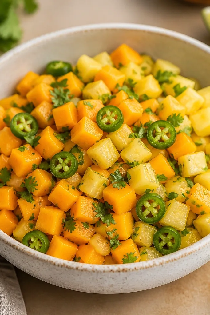 A bowl where mango is orange and pineapple is pale yellow, with visible jalapeño rounds and cilantro, all mixed but still clearly separated by color.