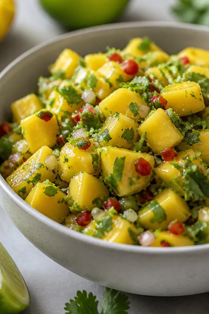 A salsa bowl with tiny red serrano bits, bright cilantro, and orange mango, with a lime-green tint from zest and juice.