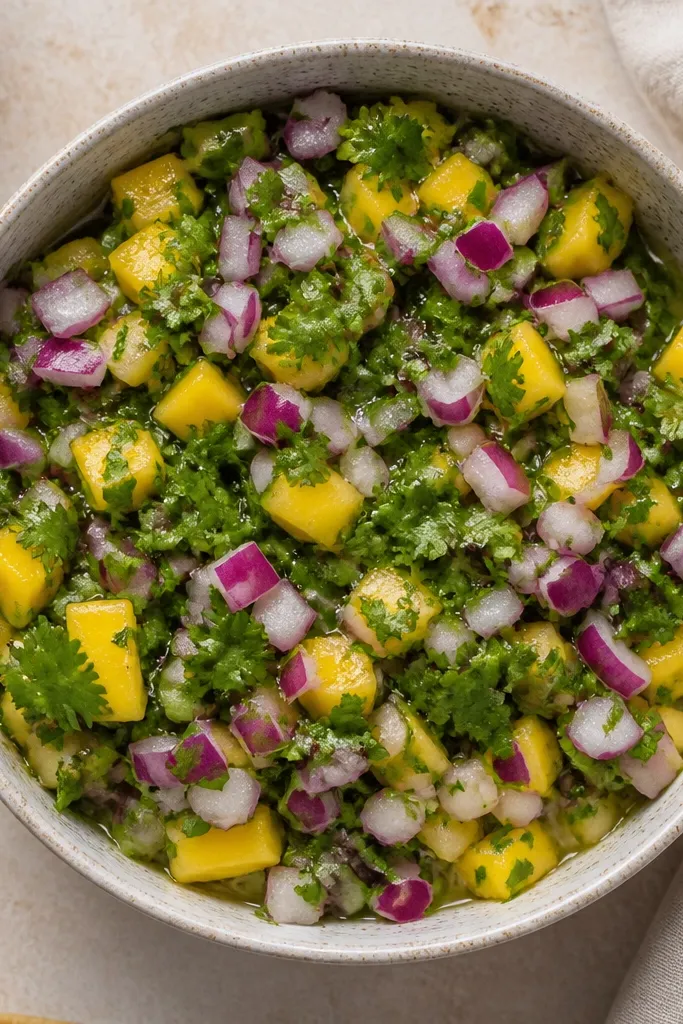 A top-down photo of salsa with a clear layer of chopped cilantro and red onion visible on the surface, with mango cubes underneath.