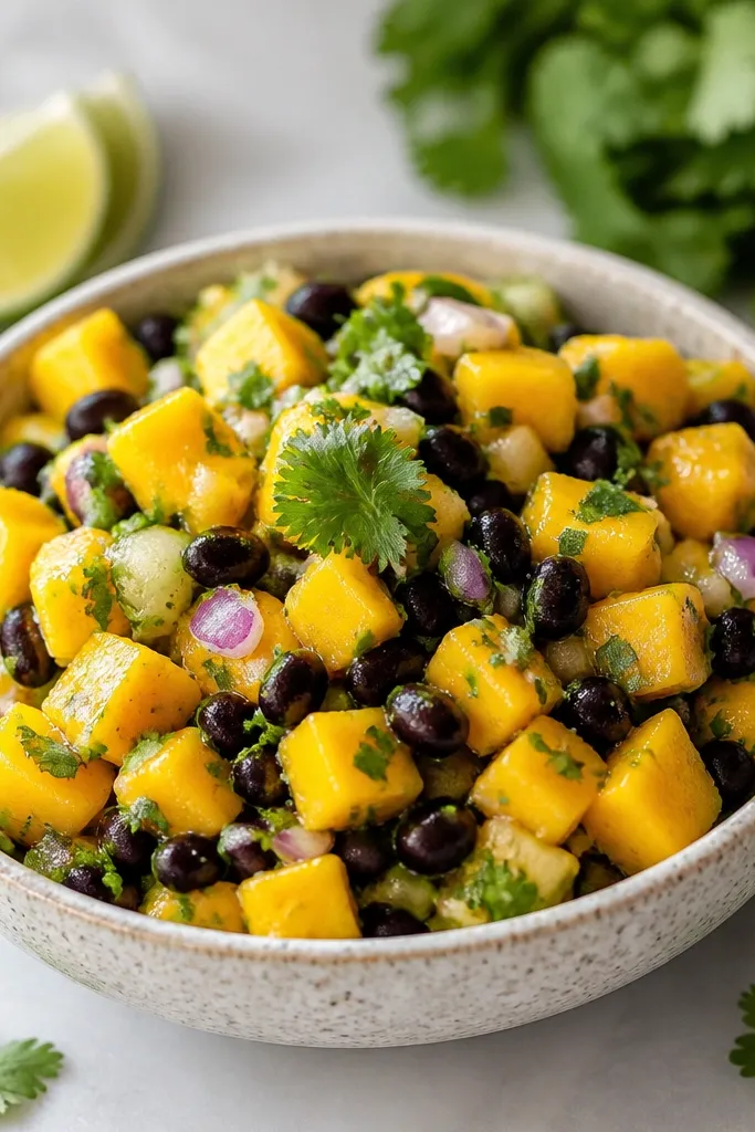 A salsa-style bowl where black beans speckle throughout mango, with cilantro and lime juice glistening on top.