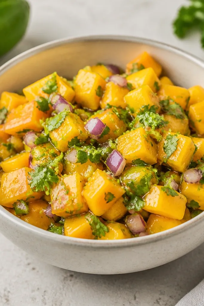 A glossy salsa bowl with tiny minced garlic bits barely visible, orange mango cubes, green cilantro, and lime zest speckles.