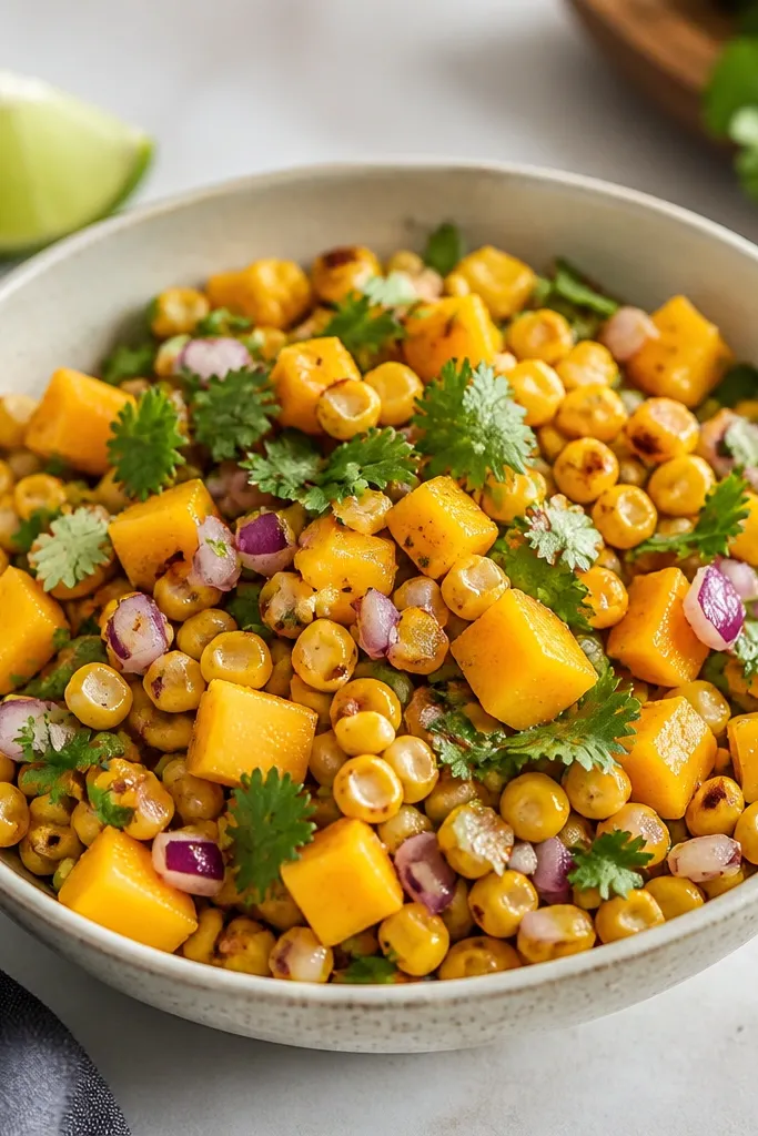 A salsa bowl with golden roasted corn kernels, orange mango cubes, green cilantro, and red onion bits.