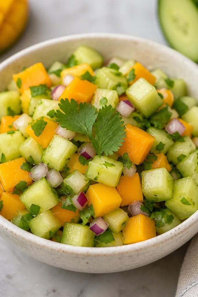 A lighter colored salsa bowl with pale green cucumber cubes mixed with orange mango, green cilantro, and red onion flecks.