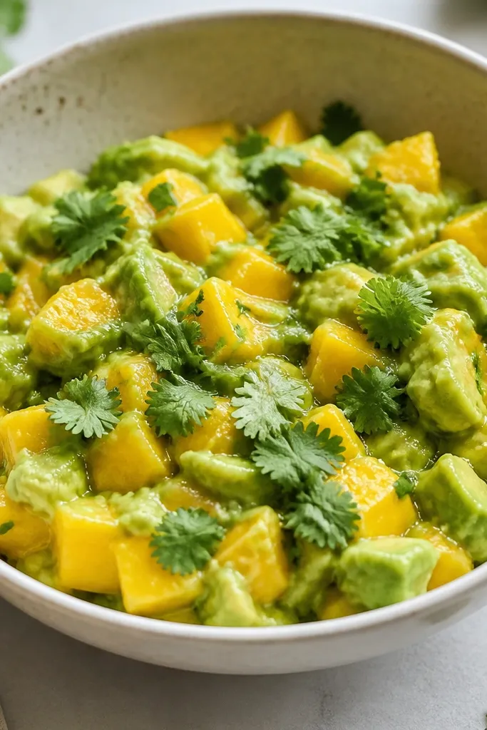 A bowl where avocado is lightly mashed into creamy green streaks mixed through mango, with cilantro on top.