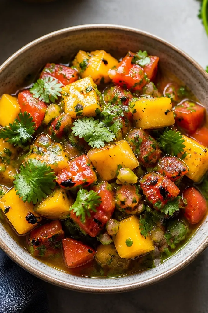 A salsa bowl with orange mango, red charred tomato pieces, green cilantro, and a glossy lime layer.