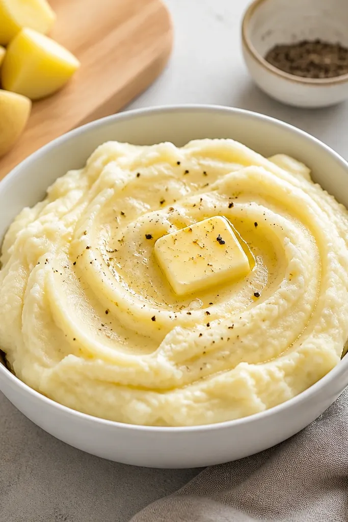 A white ceramic bowl filled with smooth, glossy mashed potatoes, topped with a small knob of butter and a dusting of black pepper; a spoon rests on the side, and a few Yukon Gold potato chunks sit on a cutting board nearby.