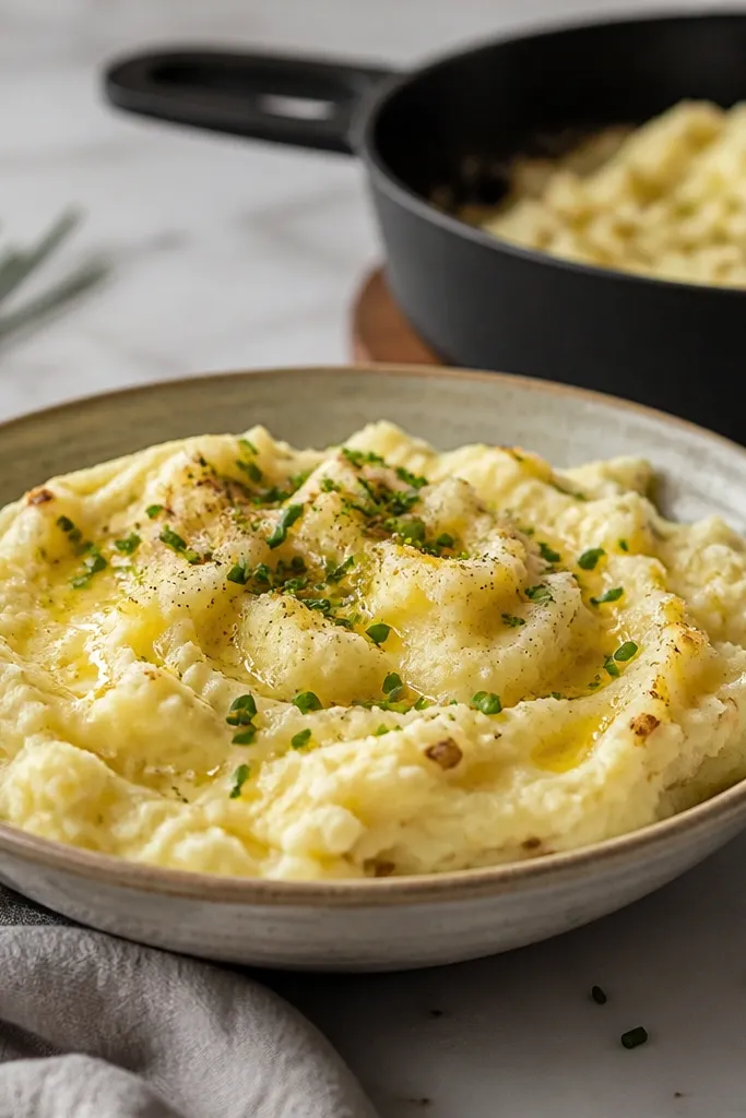 A shallow bowl of mashed potatoes with visible lumps, lightly browned at the edges, with a drizzle of melted butter and scattered chopped chives; a cast-iron skillet sits in the background.