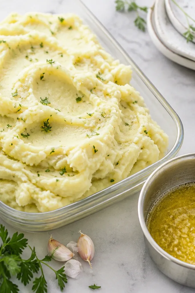 Mashed potatoes with tiny flecks of garlic and herbs, served in a glass dish; a small saucepan of melted garlic butter with visible bubbles is shown beside it.