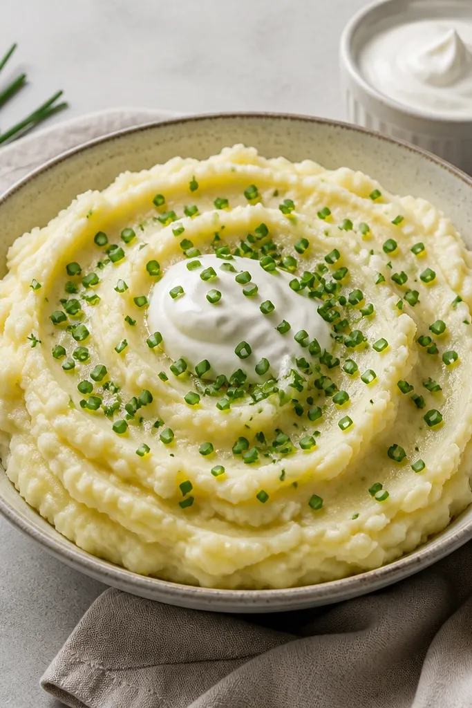 A bowl of creamy mashed potatoes with a swirl pattern from a spoon, topped with lots of chopped chives and a dollop of sour cream; a small ramekin of sour cream sits nearby.