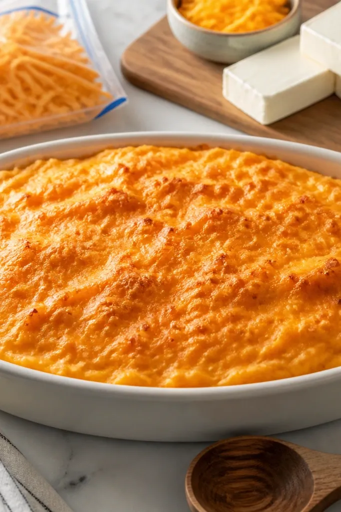 Bright orange cheddar mashed potatoes in a casserole dish, with a golden top and small bubbles; a bag of shredded cheddar and cream cheese blocks are visible on the counter.