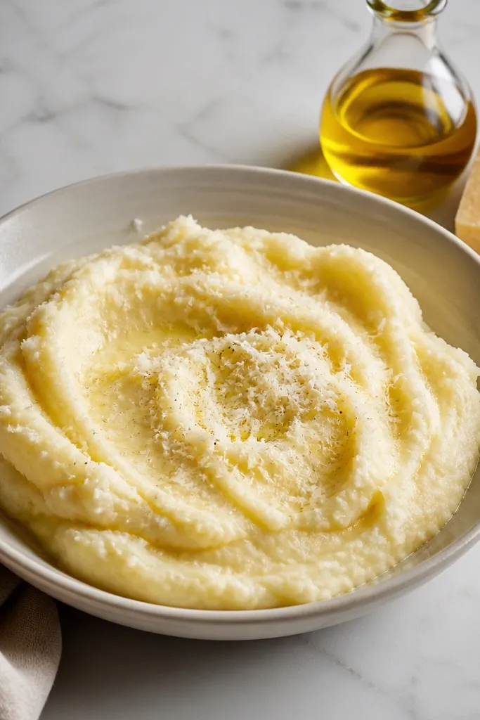 A lighter-colored bowl of mashed potatoes with a glossy sheen and fine parmesan dusting; a small bottle of olive oil and a wedge of parmesan sit next to it.