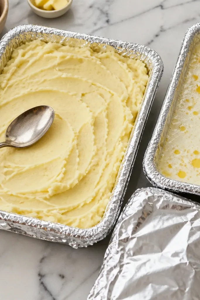 Mashed potatoes packed into a foil-lined baking tray, pressed flat with a spoon; a second tray of buttered milk mixture beside it; a tight foil cover is shown.