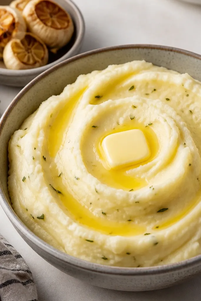 A bowl of mashed potatoes with tiny rosemary leaves speckled throughout, topped with a swirl of butter; roasted garlic bulbs are visible in a small dish.