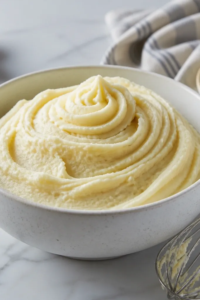 A piping-like swirl of whipped mashed potatoes in a serving bowl, with ridges from a spatula; a whisk and softened butter are on the counter.