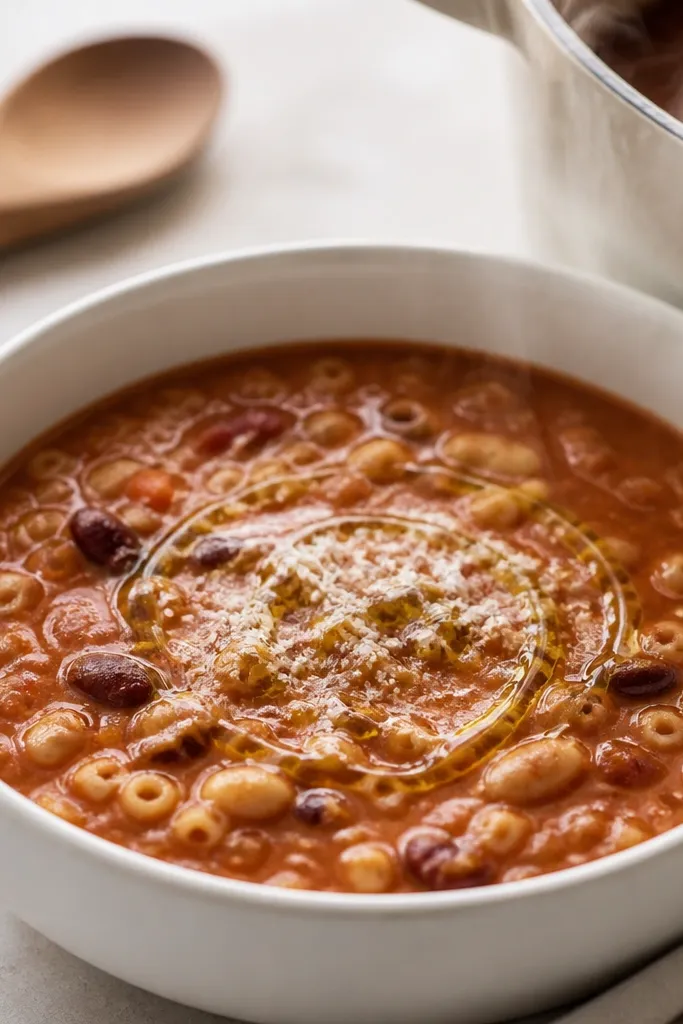 A white bowl filled with thick red-brown pasta fagioli soup, visible beans and small pasta shapes, topped with a swirl of olive oil and a light dusting of grated parmesan. The background shows a wooden spoon and a pot rim with steam.