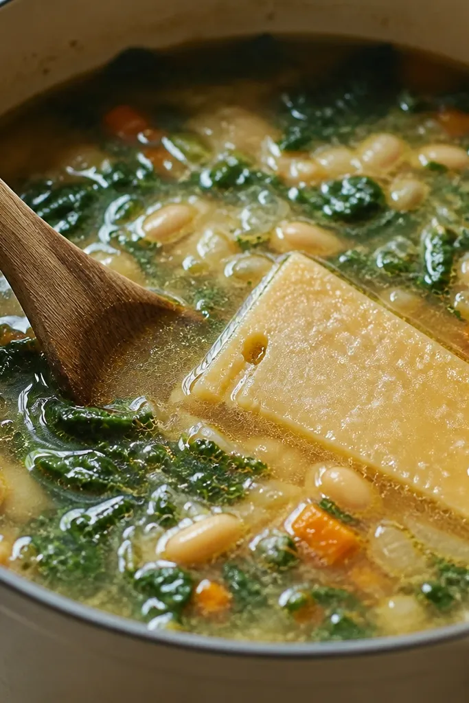 A close-up of a pot with simmering soup, showing a parmesan rind floating near the surface and a wooden spoon stirring. The soup has a glossy sheen and small bubbles around the edges.