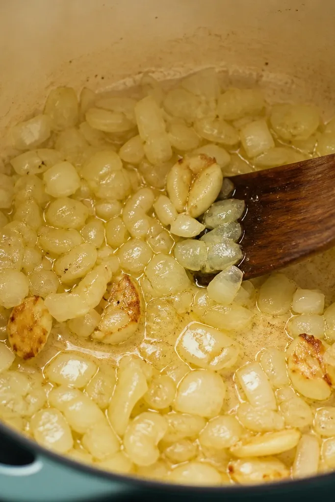 A clear view of the pot's base before tomatoes are added: onion pieces translucent and glossy in olive oil, with garlic smashed and lightly browned. Light steam, a wooden spatula, and a close frame on the sautéed aromatics.